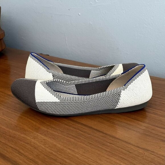 Rothy’s The Flat Round Cap Toe Plaid Black White Colorblock Retired Pattern - Picture 2 of 9